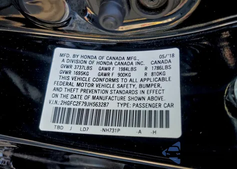 2018 Honda Civic Ex из США, поврежденный, VIN 2HGFC2F79JH563287